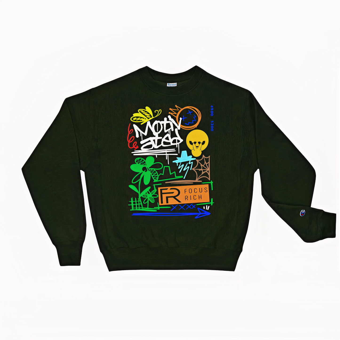 Black Champion x Focus Rich Clothing Motivated sweatshirt with symbolic streetwear graphics and inspirational message
