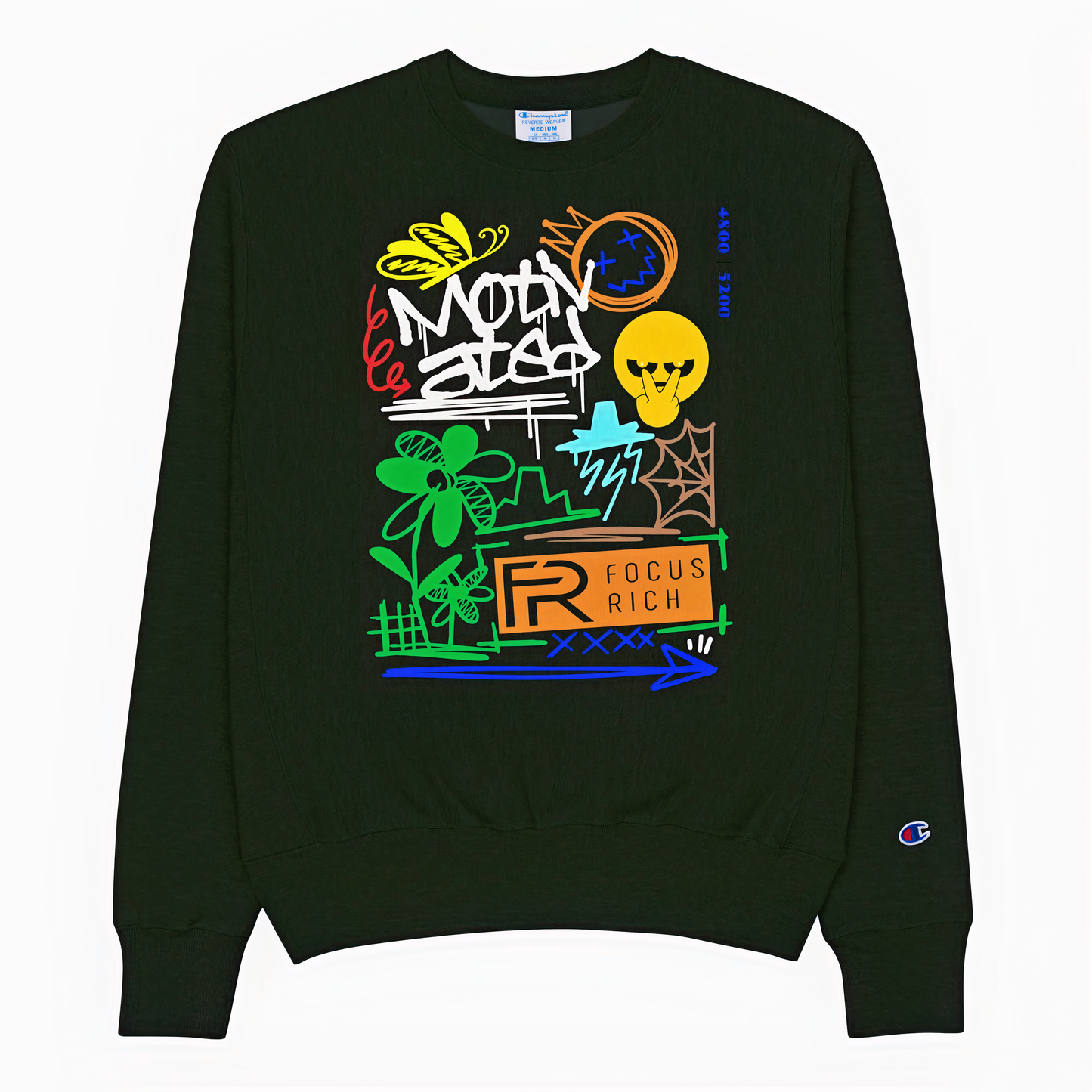 Black Champion x Focus Rich Clothing Motivated sweatshirt with symbolic streetwear graphics and inspirational message