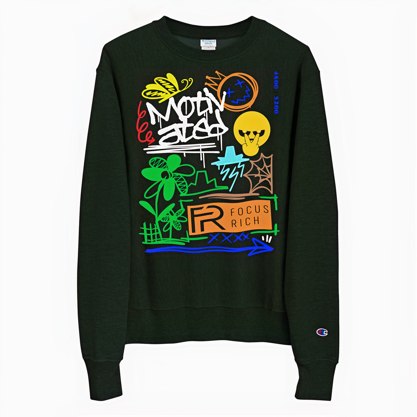 Black Champion x Focus Rich Clothing Motivated sweatshirt with symbolic streetwear graphics and inspirational message