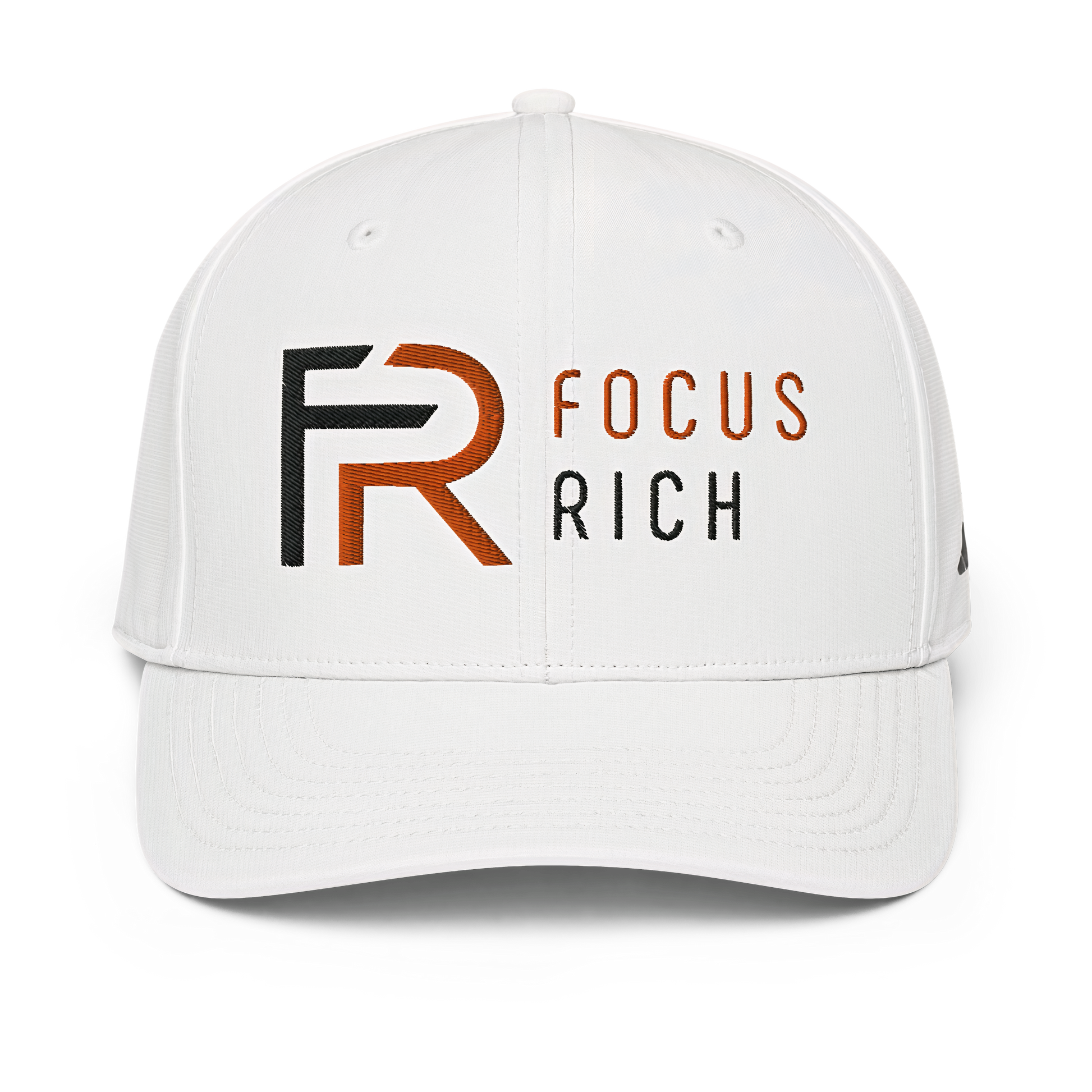 White Adidas x Focus Rich Clothing snapback hat from California Resort collection with logos and black snap closure
