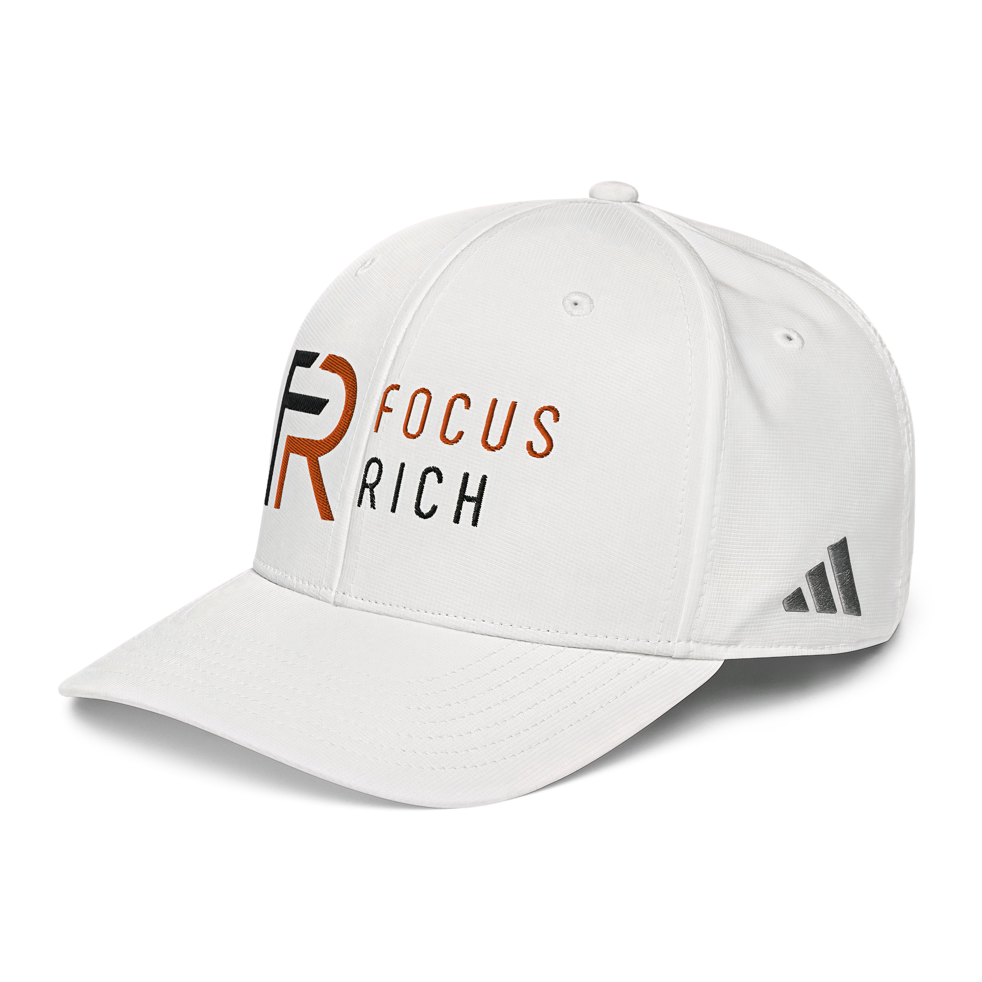White Adidas x Focus Rich Clothing snapback hat from California Resort collection with logos and black snap closure