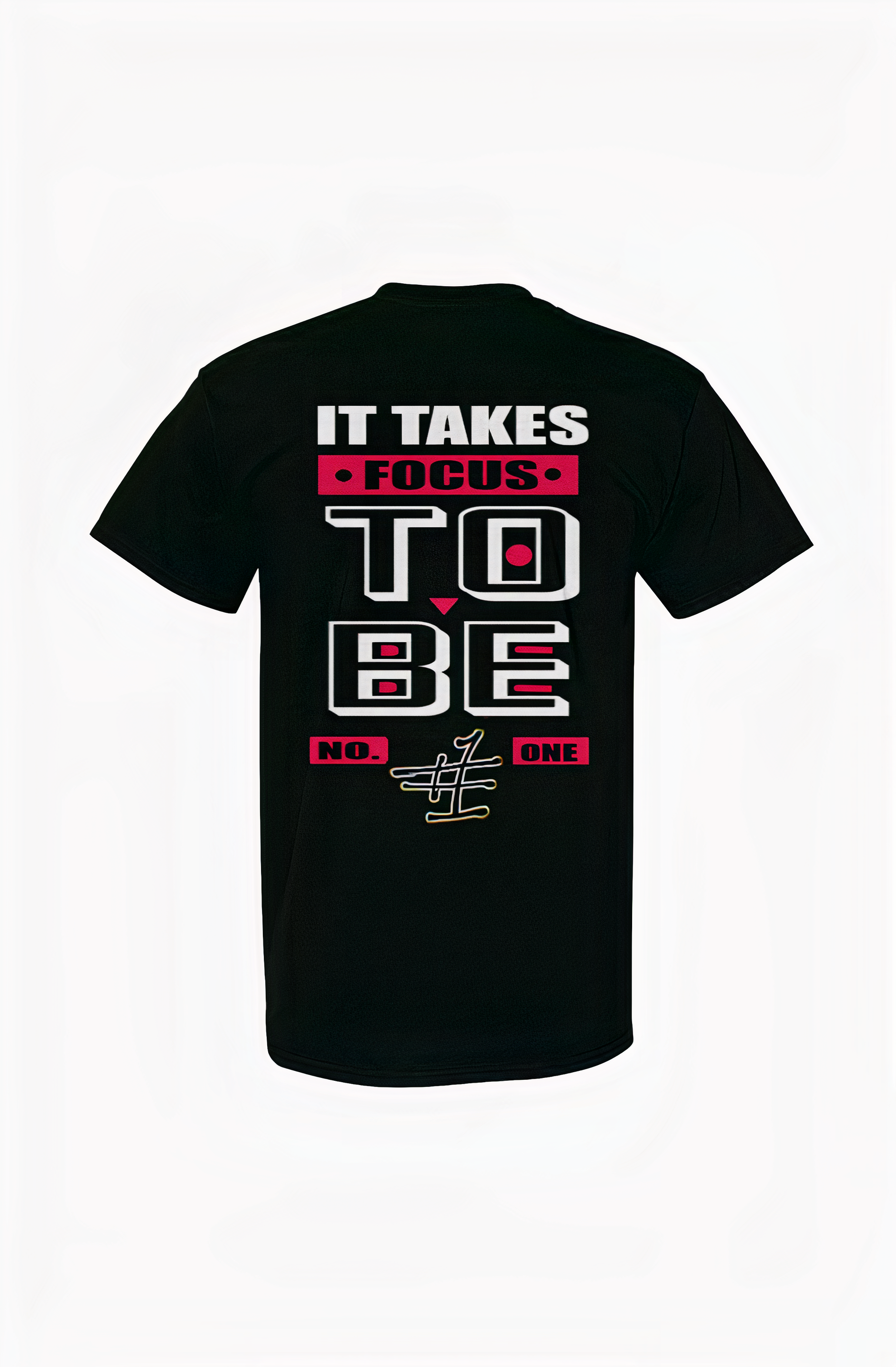 Black Focus Better t-shirt with bold front and back text, featuring Focus Rich and Nun Better logos in streetwear collab design