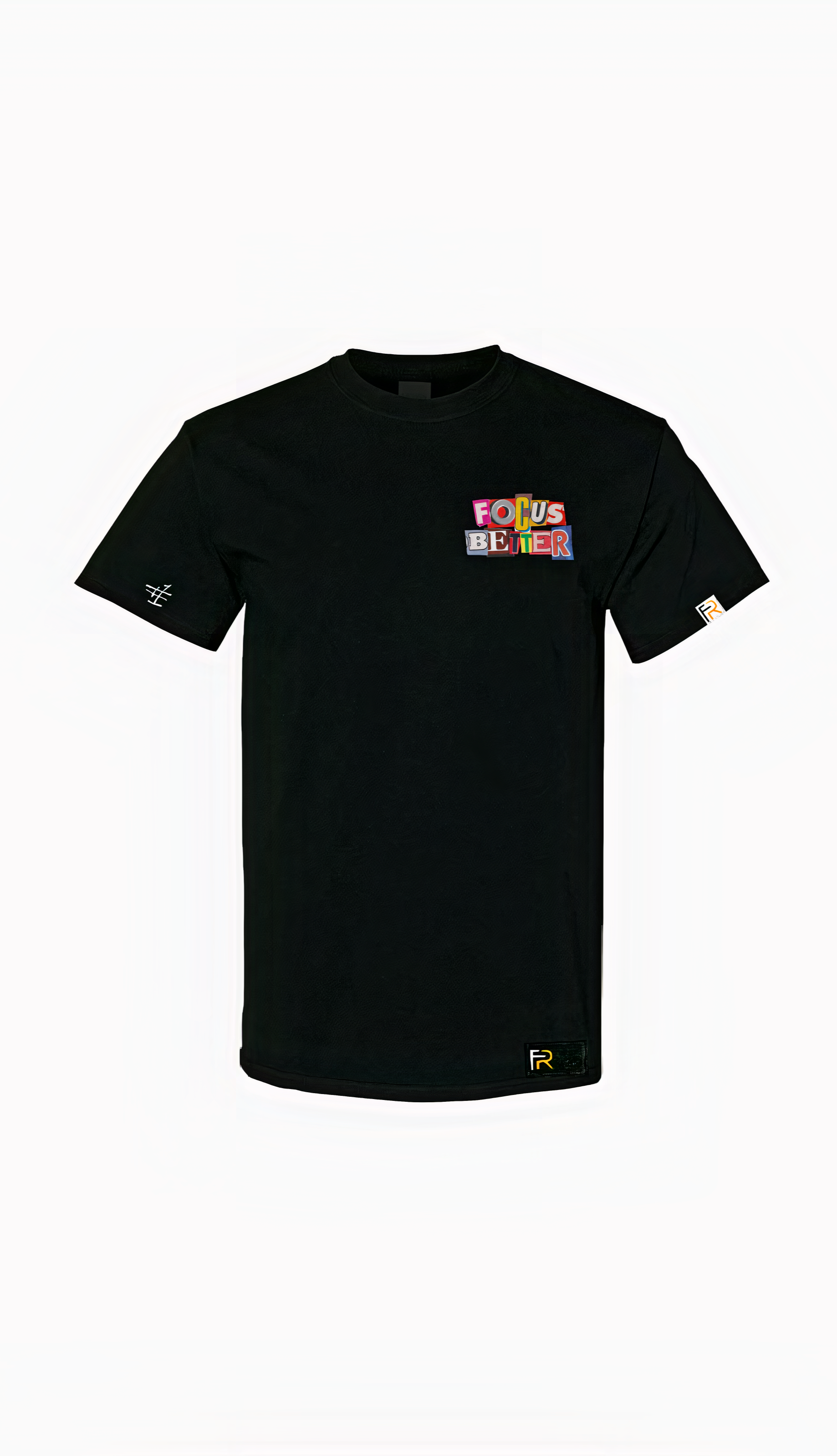 Black Focus Better t-shirt with bold front and back text, featuring Focus Rich  and Nun Better logos in streetwear collab design