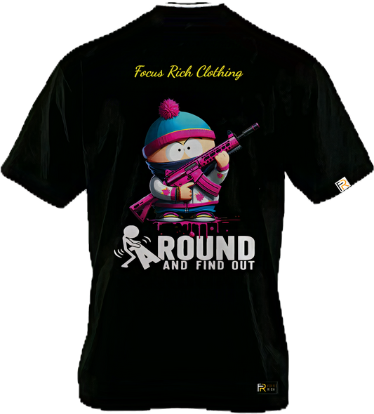 Black South Park x Focus Rich FAFO Stan t-shirt featuring bold gun graphic and FAFO lettering in oversized streetwear fit